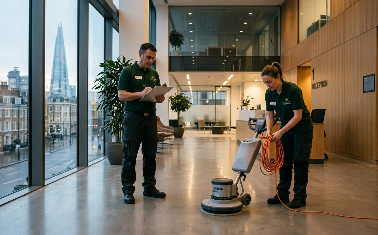 Two cleaning staff finishing a job in a London office lobby