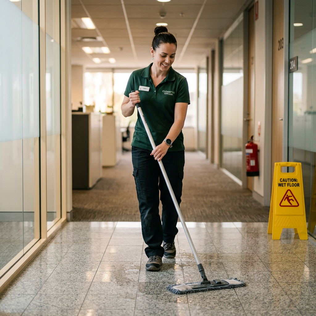 A commercial cleaner mopping an office corridor