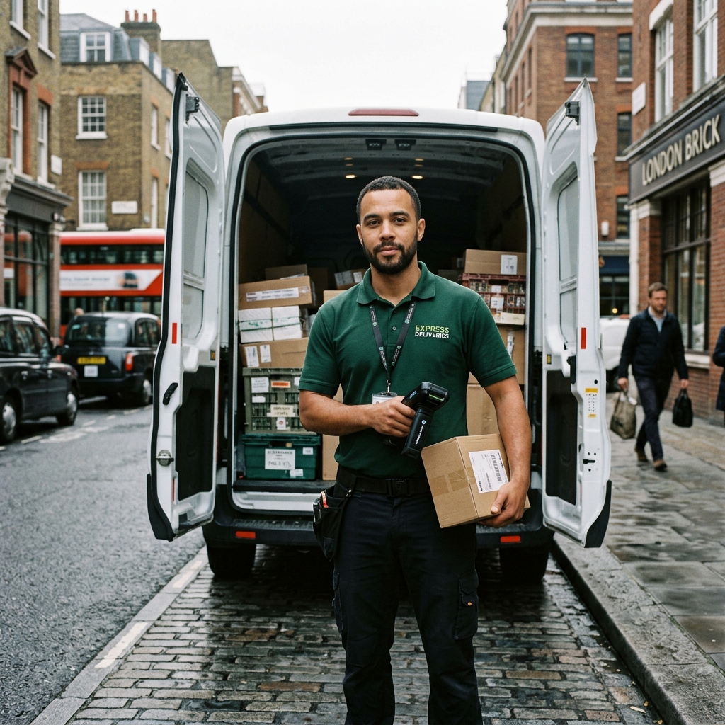 A delivery driver holding a scanner beside a van