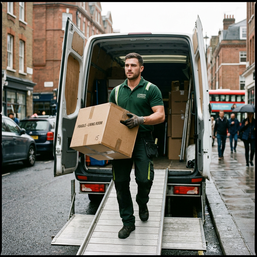 A mover carrying a box out of a van on a London street